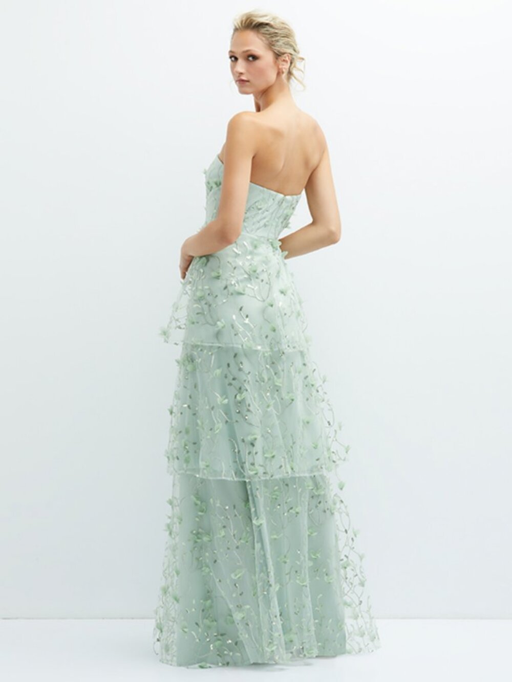 Dessy Green Strapless 3D Embroidered Floral Bridesmaid Formal Tiered Ruffle - Picture 3 of 9